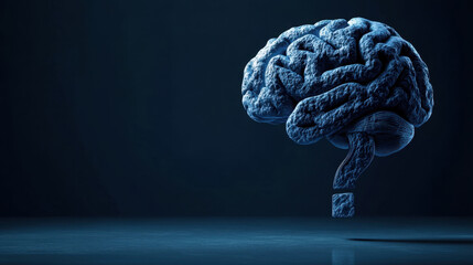 Human thinking head and brain, brain function concept design. brain in question mark icon shapes. on dark blue background. 3d illustration.
