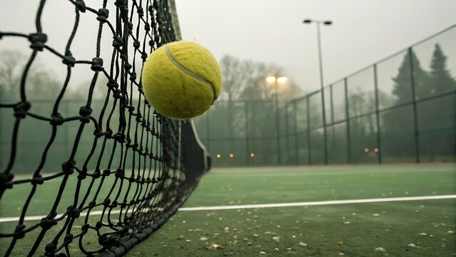 Tennis Ball in Mid Air Approaching Black Net on Foggy Morning Court with Faint Fence and Lights in Serene Atmosphere