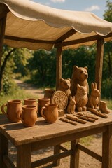 Handcrafted wooden mugs and animal carvings on display at an outdoor artisan market under natural light.

