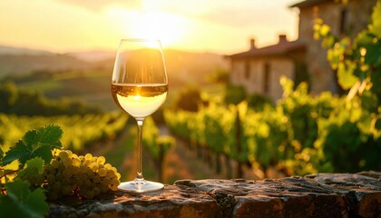 Golden hour wine moment in a vineyard evoking the charm of wine tasting experiences in Tuscany or Napa Valley with rustic aesthetics and natural light
