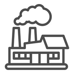 Naklejka premium Plant, factory with chimney pipes and gates line icon, manufacturing concept, industrial buildings sign on white background, outline style icon for mobile and web design. Vector graphics.