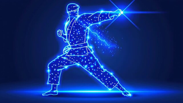 Dynamic martial artist in glowing blue outline performing a powerful kick with energy sparks, showcasing strength and skill in a vibrant, electrifying atmosphere