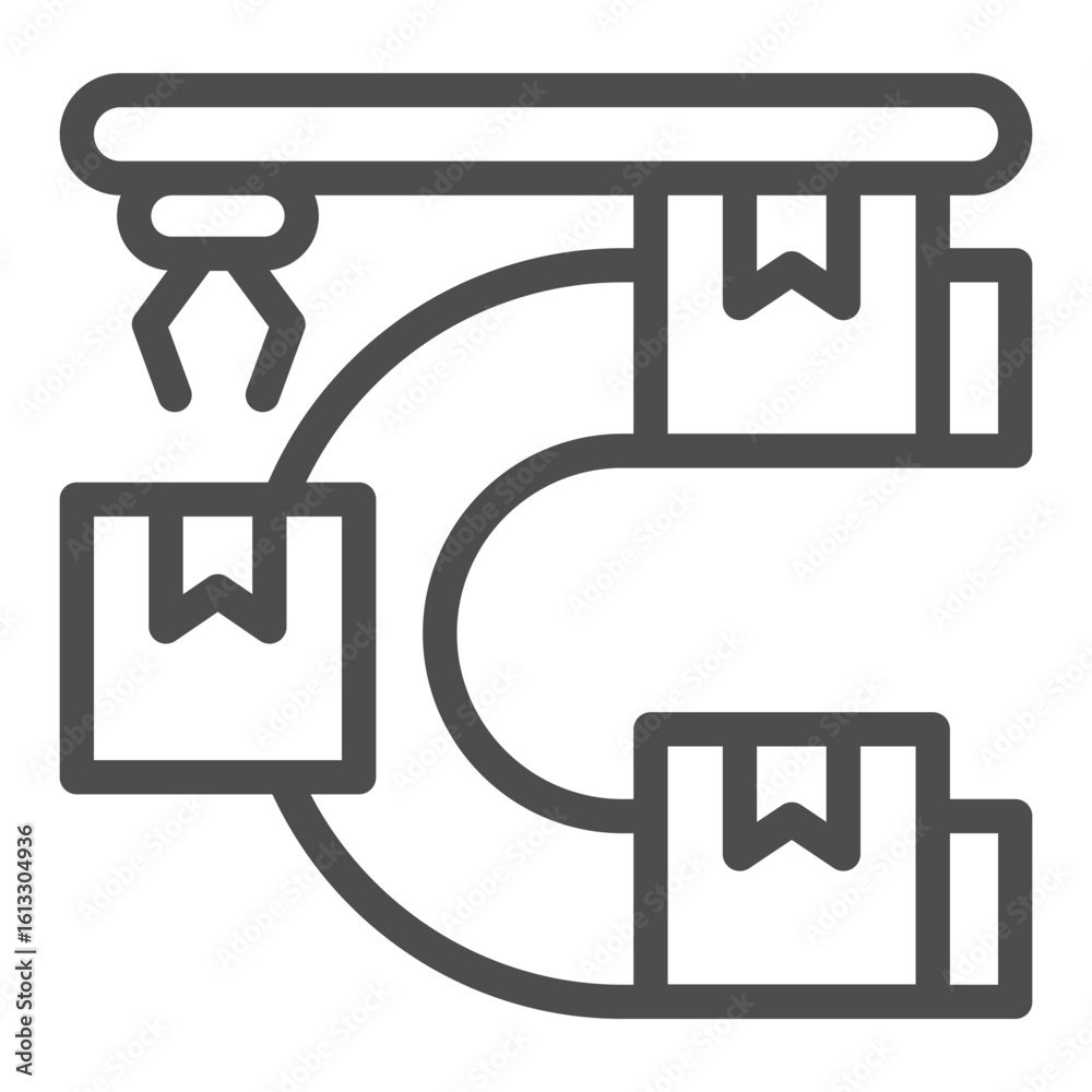 Poster sorting conveyor with boxes and robotic arm line icon, manufacturing concept, robot claw work sign o