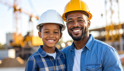 Smiling father and son at a construction site wearing helmets, symbolizing generational knowledge, engineering passion and future in STEM careers