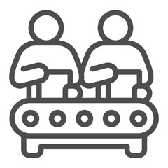 Two people working at conveyor with boxes line icon, manufacturing work concept, factory worker sign on white background, outline style icon for mobile and web design. Vector graphics.