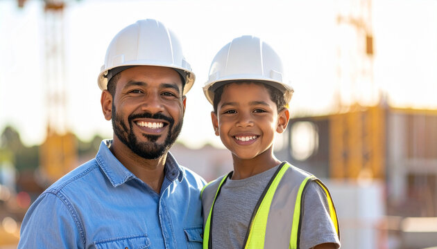 Father and son smiling at construction site with helmets, reflecting engineering legacy, family bonding and future STEM aspirations
