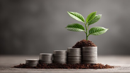 Stacked coins growing taller from left to right, with a plant sprouting from the tallest stack to represent savings growth