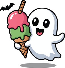 Happy Ghost Enjoying Ice Cream Cone on Halloween