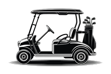 Black and White Golf Cart with Golf Clubs Illustration