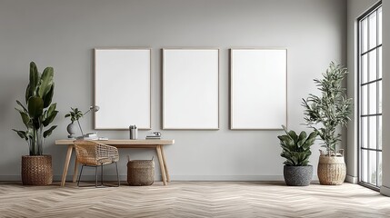 Stylish open-plan office with blank wall art mockup, perfect for inserting company branding or motivational posters