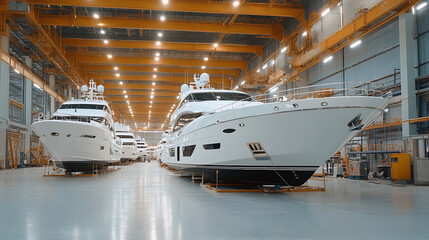 Naklejka premium Luxurious Yachts in a Warehouse: A pristine fleet of yachts, embodying elegance and opulence, neatly arranged in a vast, well-lit storage or manufacturing space.