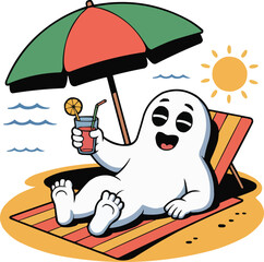 Relaxing Ghost Enjoying a Beach Vacation with a Cocktail Under an Umbrella
