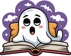 Cute ghost reading a book with bats and stars, Halloween cartoon
