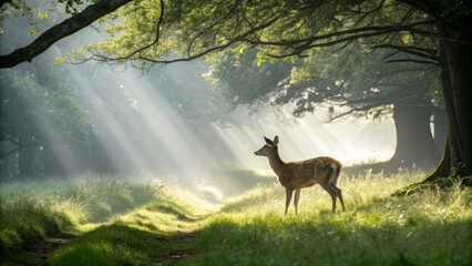 A deer standing in a forest with sunlight streaming through the trees in early morning light