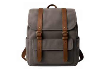 Gray canvas backpack with brown leather straps, offering versatile design for daily commuting and traveling, positioned against transparent backdrop