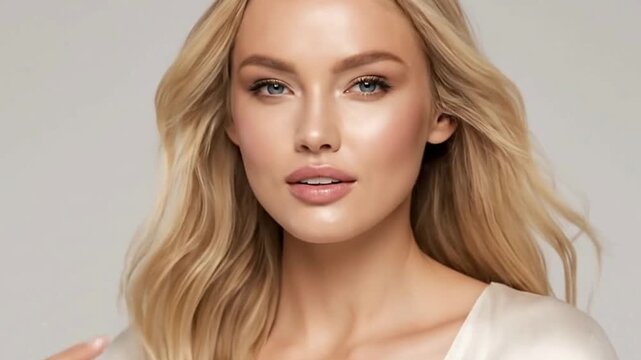 A blonde woman with fair skin wearing makeup smiles at the viewer