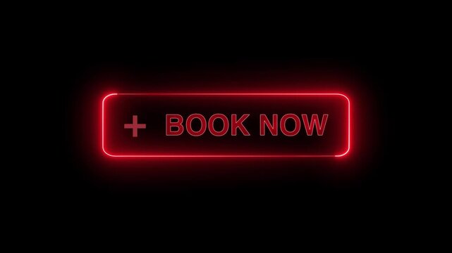  Neon glowing Book now button animation on transparent background. Book  now button click  animation. button with icon animation concept. Book now Glowing neon text animation
