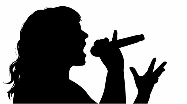 Silhouette of a woman singing into a microphone with her hand raised in the air during a performance stage