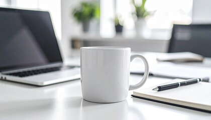 Corporate mockup of a company-branded coffee mug on a modern office desk with a laptop and notebook. Branding template.

