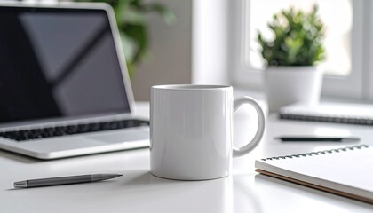 Corporate mockup of a company-branded coffee mug on a modern office desk with a laptop and notebook. Branding template.

