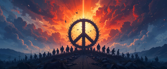 Hippie peace sign close-up with brightly colorful on teal background. Summer illustration. Concept of nostalgia.