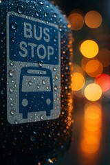 Close-up of wet bus stop sign with raindrops and colorful city lights in the background at night.

