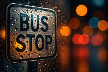 Close-up of wet bus stop sign with raindrops and colorful city lights in the background at night.

