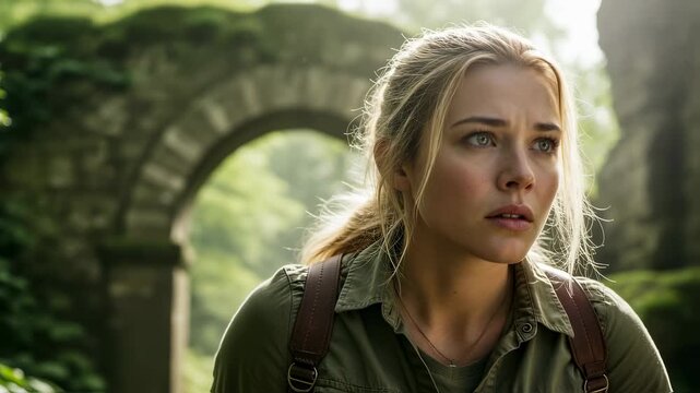 Young woman with expression of concern and fear in an ancient ruin setting, adventure and survival concept footage.