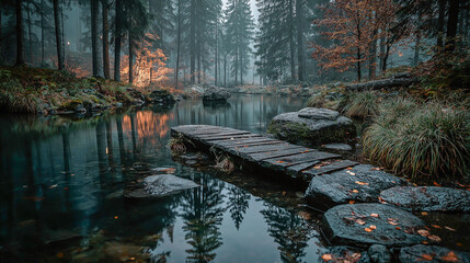 Serene Forest Stream with Wooden Footbridge