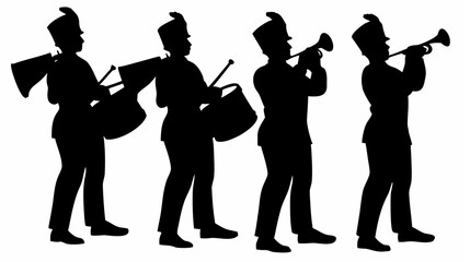 Silhouettes of marching band members playing drums and trumpets in uniform formation against white backdrop