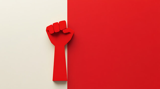 Red fist of resistance, representing strength and rebellion, divides a light and red surface. It symbolizes change and defiance, ideal for themes of courage.