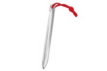 Metal tent stake securing red cord, lying on transparent surface, supporting campground equipment preparedness