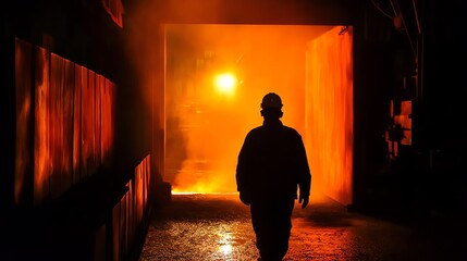 A silhouetted worker walks through a fiery industrial setting at dusk.
