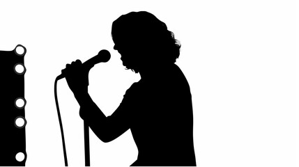 Silhouette of a person holding a microphone next to a curtain with circular holes on a white background