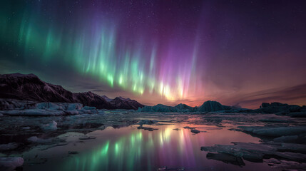 Naklejka premium Captivating aurora borealis display over icy landscape iceland photography night serene nature