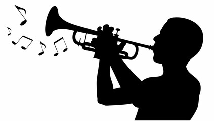Silhouette of a musician playing the trumpet with musical notes floating around the instrument in black and white