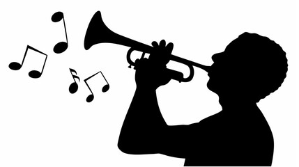 Silhouette of a musician playing a trumpet with musical notes floating around on a white background scene image