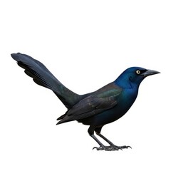 Fototapeta premium Common Grackle with Iridescent Black Plumage Perched on Branch