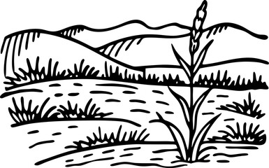 Single tall grass in open countryside, scenic landscape with hills and wild vegetation, natural rural view