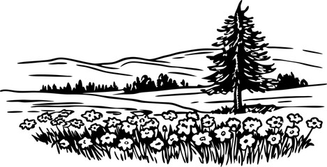 Fototapeta premium Wildflower meadow with lone pine tree and rolling hills serene landscape, tranquil nature scenery illustration