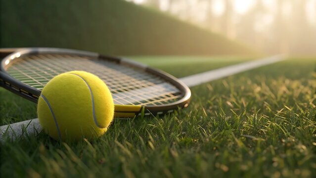 Close-up tennis ball and racket on green grass in sunlight showing court line and vibrant sports equipment details