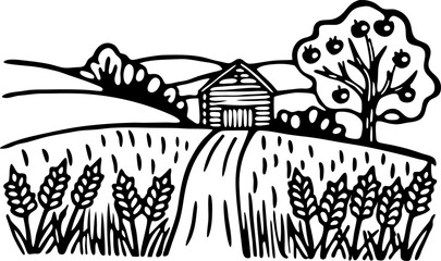 Fototapeta premium Rustic barn in countryside landscape with wheat field and fruit tree, rural agriculture and farm scenery