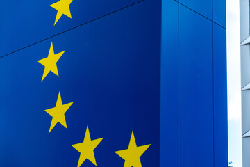 German blue european union sign, Modern office building exterior, Central Bank of Germany, Business building exterior with golden stars, Financial policy Frankfurt