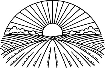 Obraz premium Sunrise above rural farmland with linear fields, clouds and rays, black and white graphic illustration