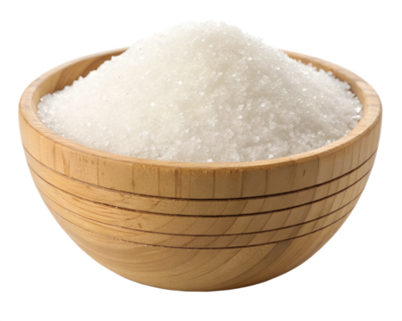Granulated white sugar generously fills a rustic wooden bowl, offering sweet inspiration for baking and culinary creations.