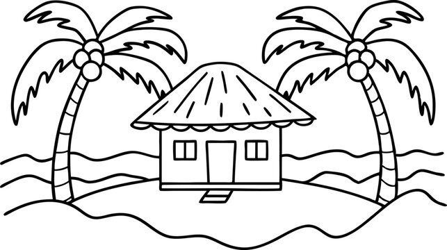 Tropical island beach hut outline palm trees with coconuts, simple house, summer paradise vacation coloring page