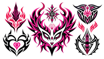 Collection of ornate and abstract tribal designs in black and pink with transparent background for various creative projects
