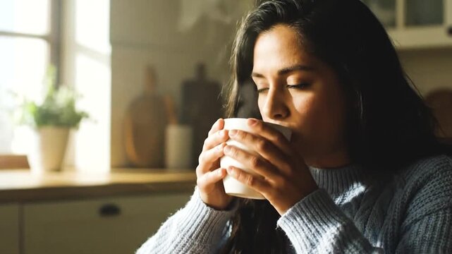 4k video of a woman drinking coffee generated with ai
