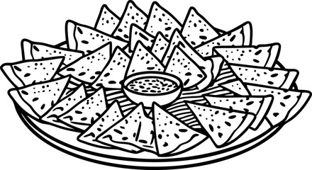 Triangular tortilla chips arranged on a round plate with dipping sauce in the center, snack appetizer concept