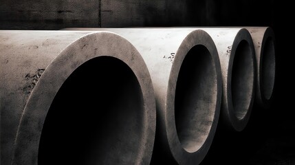 Close-up of large concrete pipes arranged in a row against a dark backdrop.